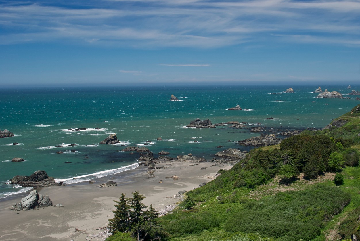 A view of the ocean and shoreline in Harris Beach State Park on the Oregon coast.
